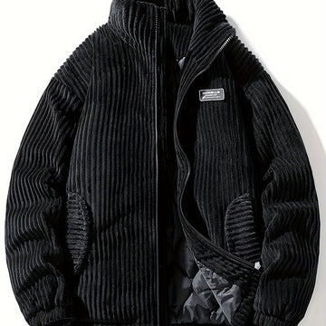 Thickened Winter Warmth Unisex Corduroy Puffer Coat - Long Sleeve, Regular Length, Loose Fit, Solid Color - 100% Polyester, Casual Stand Collar Zip-Up Jacket with Pockets